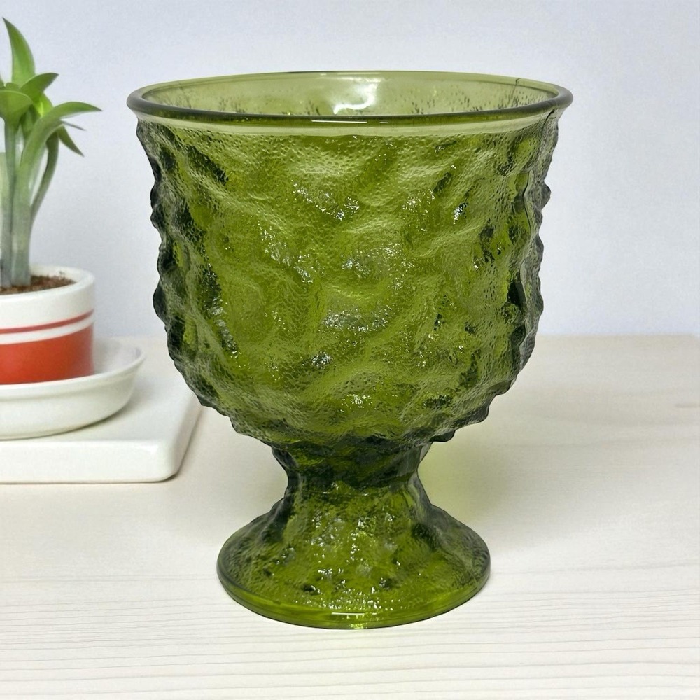 Vintage E O Brody Green Crinkle Glass Compote Vase Footed Bowl MCM‎ 1960s EUC
